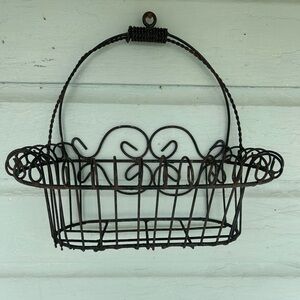 Rustic Metal Hanging Wall Basket  Swirled Edge Design Handle Garden Decor